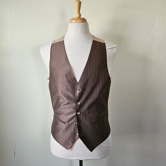 Vintage Other - Vintage 70s Mens Brown Striped Shiny Polyester Dress Vest Disco Cinch Medium